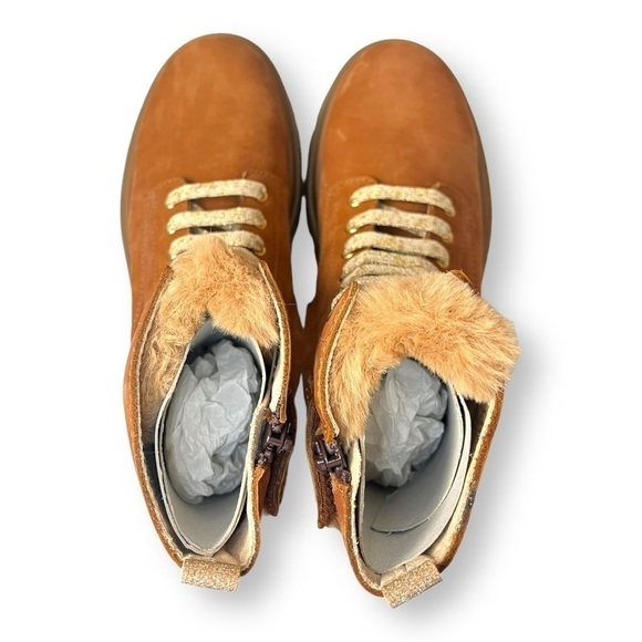 Beberlis Cognac Brown Suede Shearling Lace Up Combat Boots w/ Lug Soles NEW - Picture 11 of 14